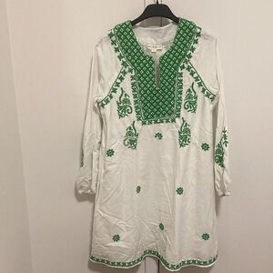 Roller Rabbit Tasha Rylina Cover-Up Mini Dress in White with Green Embroidery.